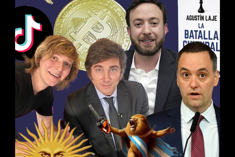 Laje, Gutiérrez, Adorni rodeando al "macho alfa" Javier Milei y sus iconos patéticos: el león bípedo, la motosierra, el bitcoin...